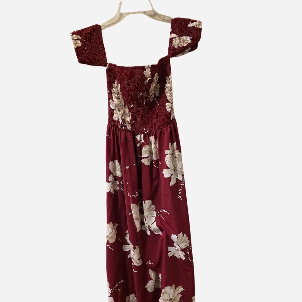 Red floral maxi dress with white hibiscus flowers
